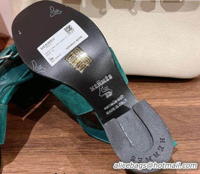 Good Product Hermes Elbe Heel Sandals 6cm in Suede Green 525123