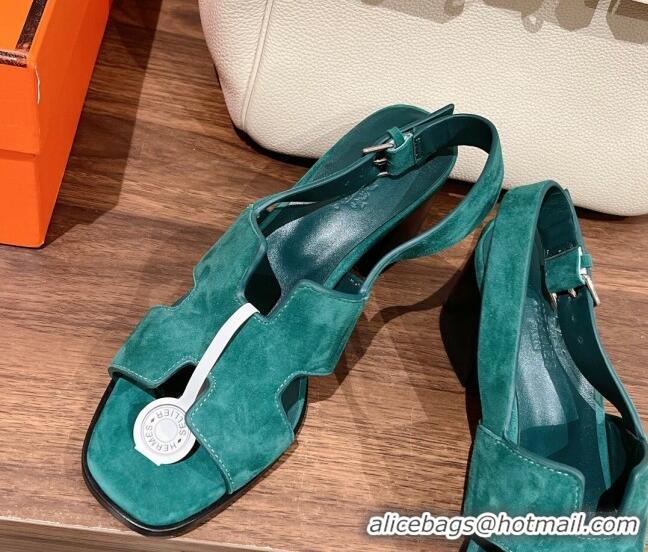 Good Product Hermes Elbe Heel Sandals 6cm in Suede Green 525123