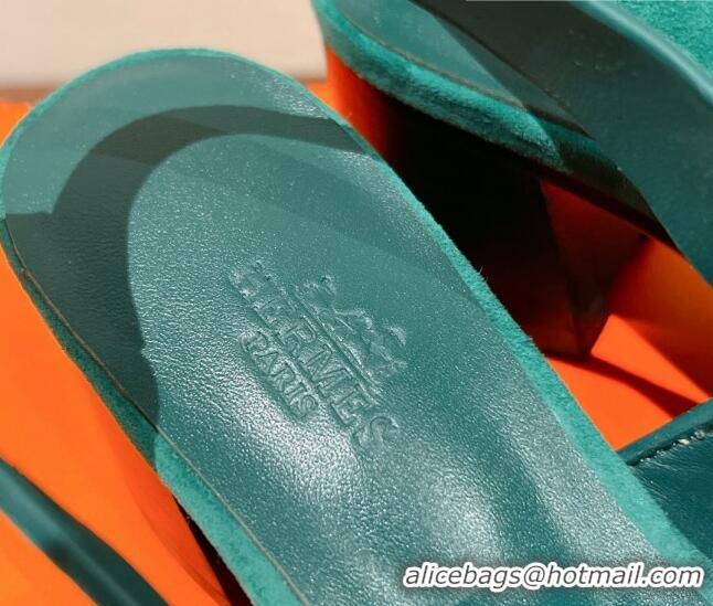 Good Product Hermes Elbe Heel Sandals 6cm in Suede Green 525123