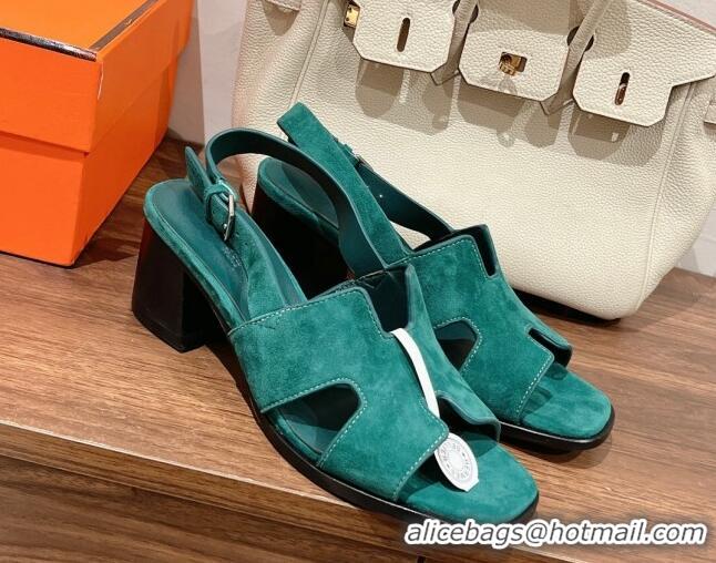 Good Product Hermes Elbe Heel Sandals 6cm in Suede Green 525123