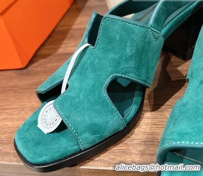 Good Product Hermes Elbe Heel Sandals 6cm in Suede Green 525123