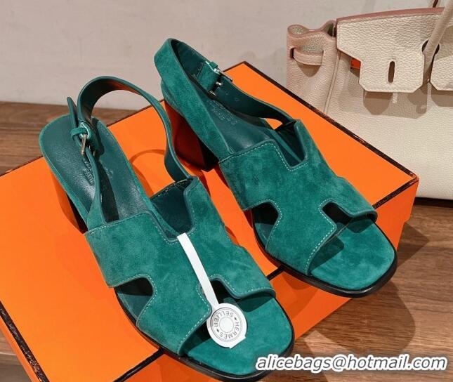 Good Product Hermes Elbe Heel Sandals 6cm in Suede Green 525123