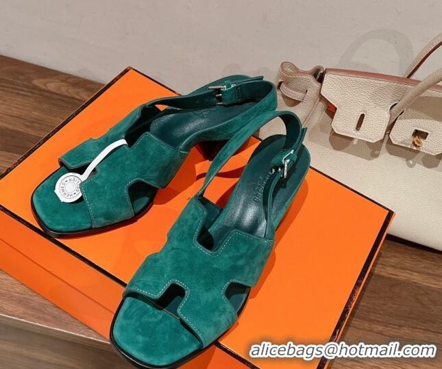 Good Product Hermes Elbe Heel Sandals 6cm in Suede Green 525123