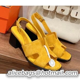 Hot Style Hermes Elbe Heel Sandals 6cm in Suede Yellow 525124