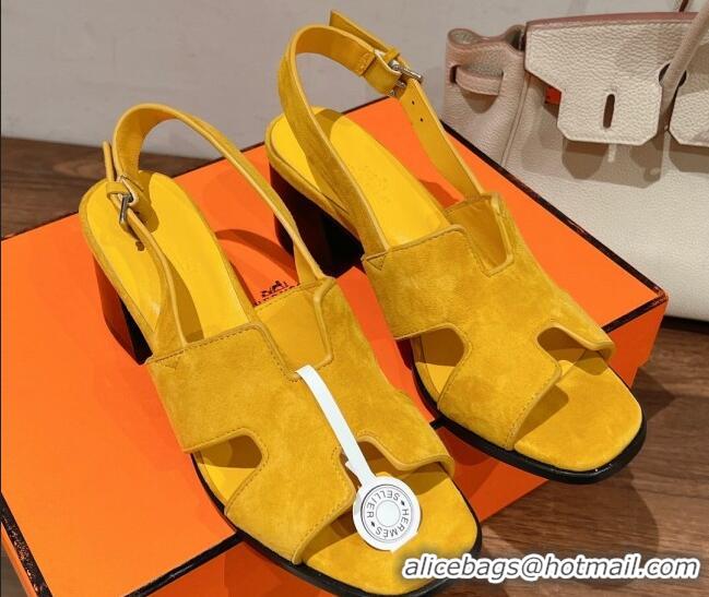 Hot Style Hermes Elbe Heel Sandals 6cm in Suede Yellow 525124