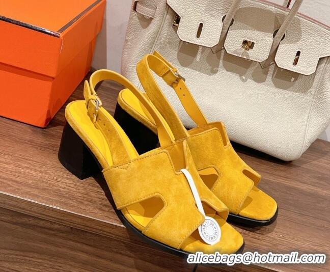 Hot Style Hermes Elbe Heel Sandals 6cm in Suede Yellow 525124