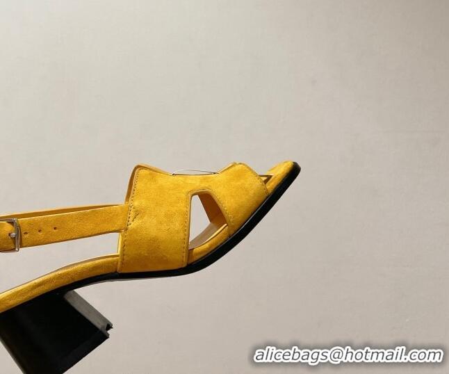 Hot Style Hermes Elbe Heel Sandals 6cm in Suede Yellow 525124