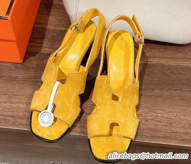 Hot Style Hermes Elbe Heel Sandals 6cm in Suede Yellow 525124