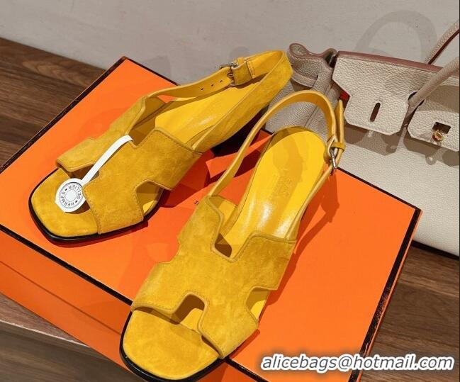 Hot Style Hermes Elbe Heel Sandals 6cm in Suede Yellow 525124