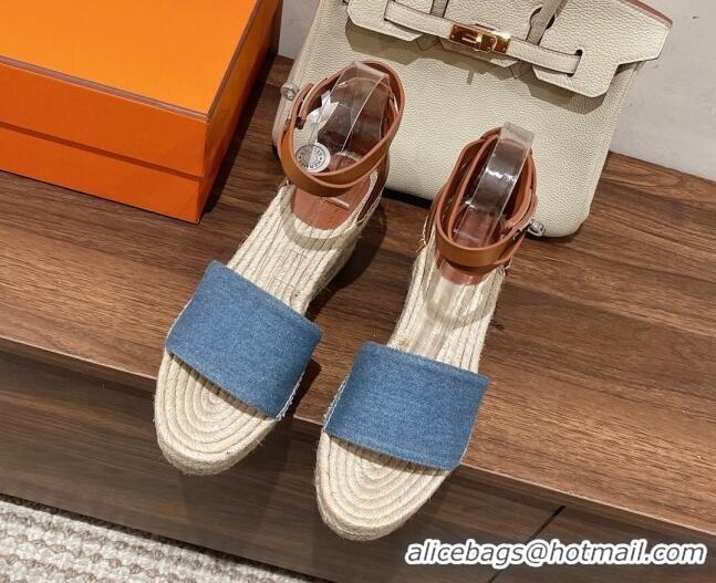 Trendy Design Hermes Tipoli Espadrilles Wedge Sandals 8.5cm in Denim and Leather 525143