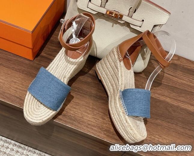 Trendy Design Hermes Tipoli Espadrilles Wedge Sandals 8.5cm in Denim and Leather 525143