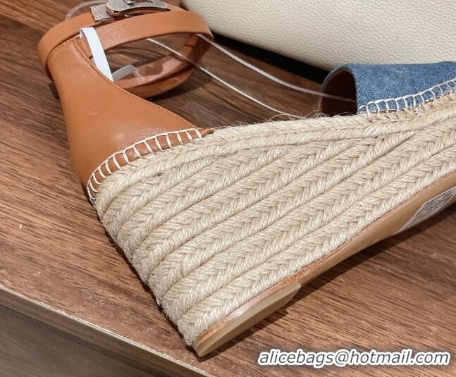 Trendy Design Hermes Tipoli Espadrilles Wedge Sandals 8.5cm in Denim and Leather 525143