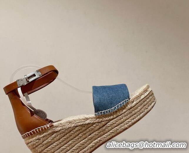 Trendy Design Hermes Tipoli Espadrilles Wedge Sandals 8.5cm in Denim and Leather 525143