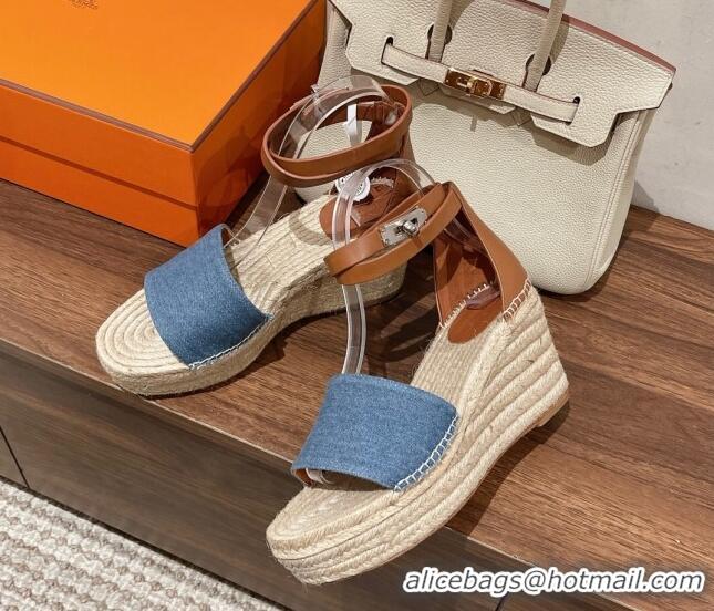 Trendy Design Hermes Tipoli Espadrilles Wedge Sandals 8.5cm in Denim and Leather 525143