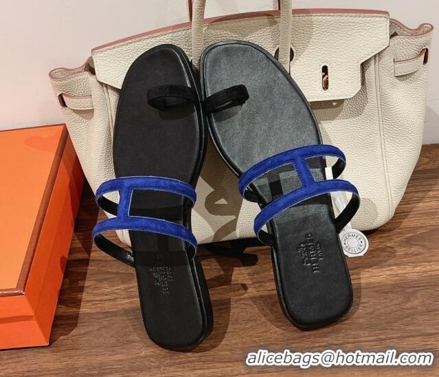 Low Price Hermes Georia Flat Slide Sandals in Suede 525126 Blue