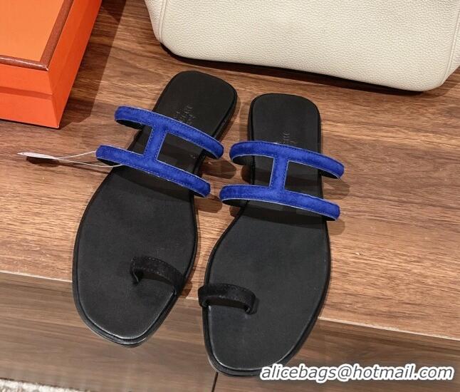 Low Price Hermes Georia Flat Slide Sandals in Suede 525126 Blue