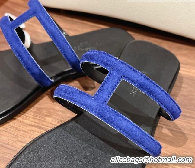 Low Price Hermes Georia Flat Slide Sandals in Suede 525126 Blue