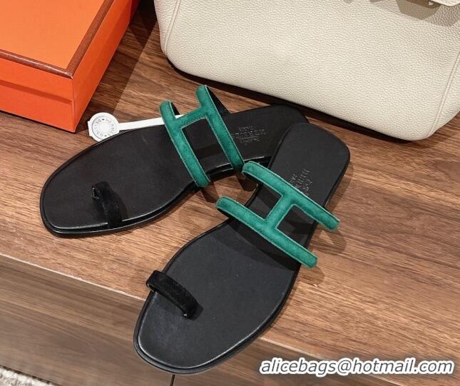 Low Price Hermes Georia Flat Slide Sandals in Suede 525126 Green