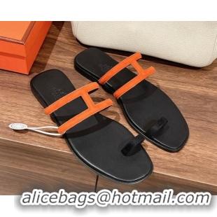 Charming Hermes Georia Flat Slide Sandals in Suede 525126 Orange