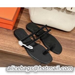 Sumptuous Hermes Georia Flat Slide Sandals in Suede Black 525130