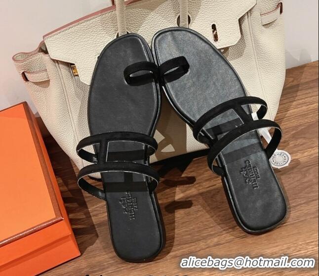 Sumptuous Hermes Georia Flat Slide Sandals in Suede Black 525130