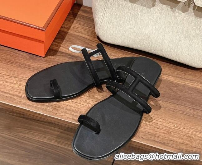 Sumptuous Hermes Georia Flat Slide Sandals in Suede Black 525130