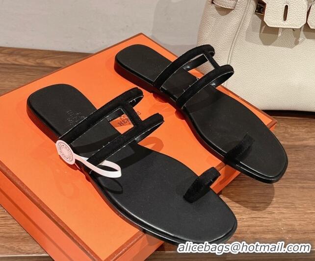 Sumptuous Hermes Georia Flat Slide Sandals in Suede Black 525130