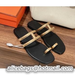 Stylish Hermes Georia Flat Slide Sandals in Calfskin Gold 0525131