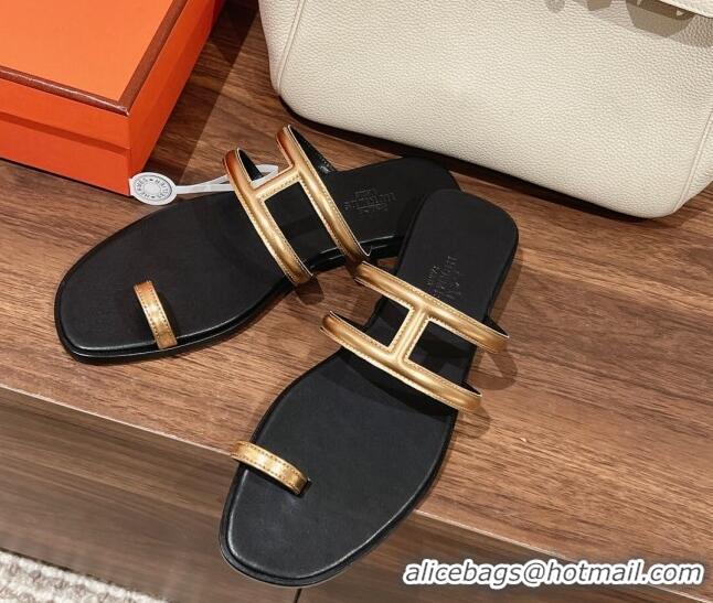 Stylish Hermes Georia Flat Slide Sandals in Calfskin Gold 0525131