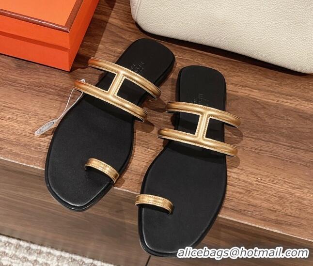 Stylish Hermes Georia Flat Slide Sandals in Calfskin Gold 0525131