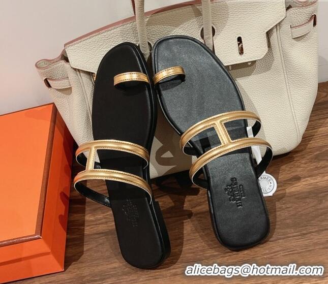 Stylish Hermes Georia Flat Slide Sandals in Calfskin Gold 0525131