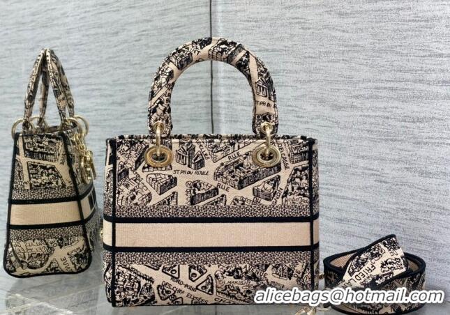 Good Quality Dior Medium Lady D-Lite Bag in Plan de Paris Embroidery CD7105 Beige 2023