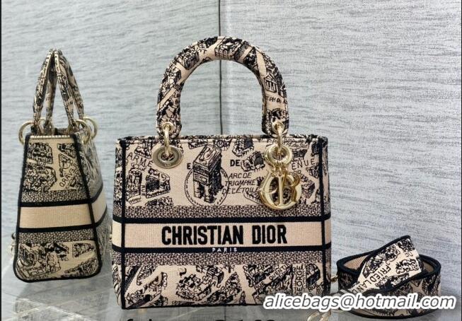 Good Quality Dior Medium Lady D-Lite Bag in Plan de Paris Embroidery CD7105 Beige 2023