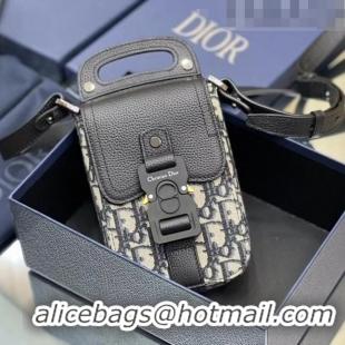 New Design Dior Saddle Vertical Pouch with Strap in Oblique Jacquard and Black Grained Calfskin CD7012 Beige and Black 2