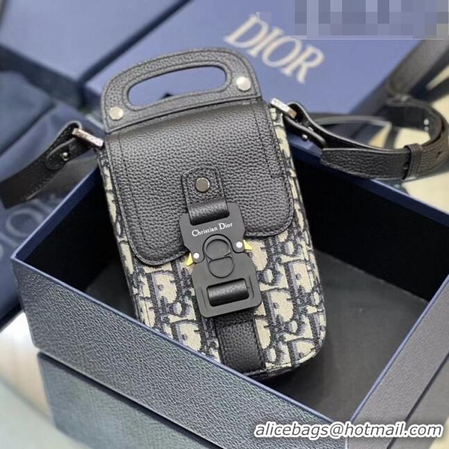 New Design Dior Saddle Vertical Pouch with Strap in Oblique Jacquard and Black Grained Calfskin CD7012 Beige and Black 2