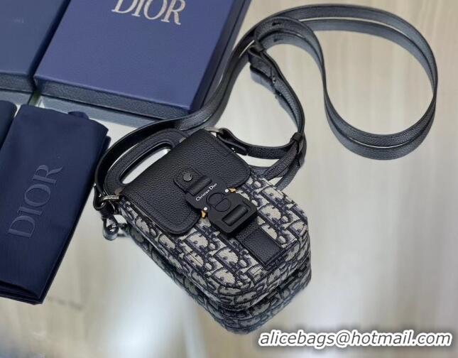 New Design Dior Saddle Vertical Pouch with Strap in Oblique Jacquard and Black Grained Calfskin CD7012 Beige and Black 2