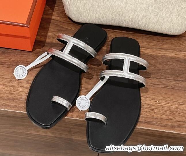 Unique Style Hermes Georia Flat Slide Sandals in Calfskin Silver 525132