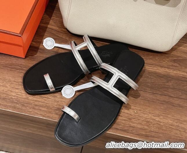 Unique Style Hermes Georia Flat Slide Sandals in Calfskin Silver 525132