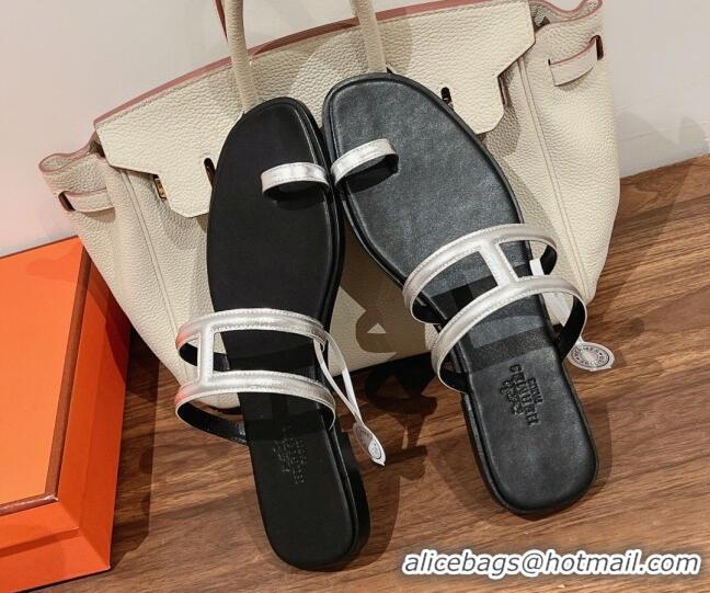 Unique Style Hermes Georia Flat Slide Sandals in Calfskin Silver 525132