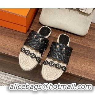 Most Popular Hermes Gwen Flat Slide Sandals in Leather Chain Black 0525133