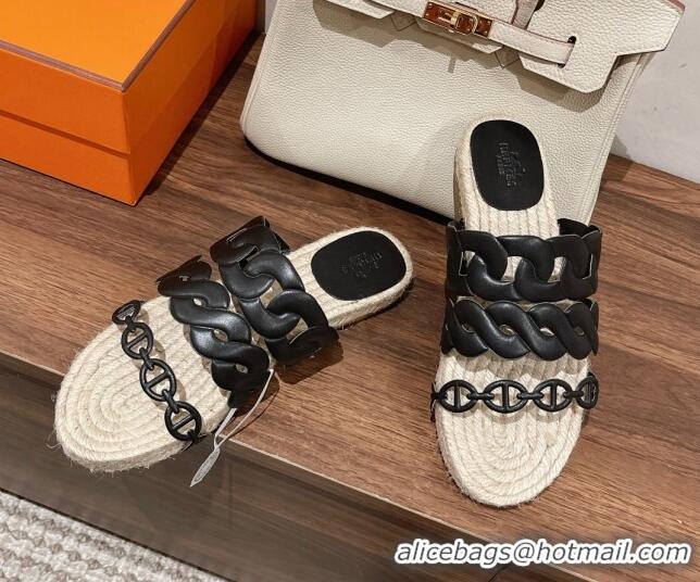 Most Popular Hermes Gwen Flat Slide Sandals in Leather Chain Black 0525133