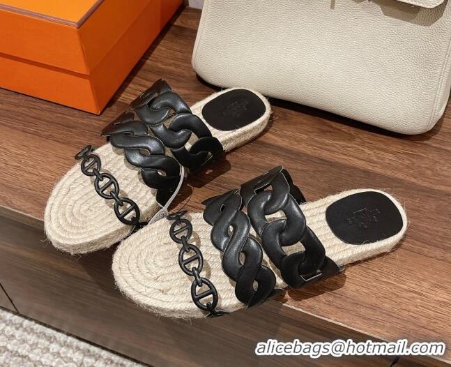 Most Popular Hermes Gwen Flat Slide Sandals in Leather Chain Black 0525133