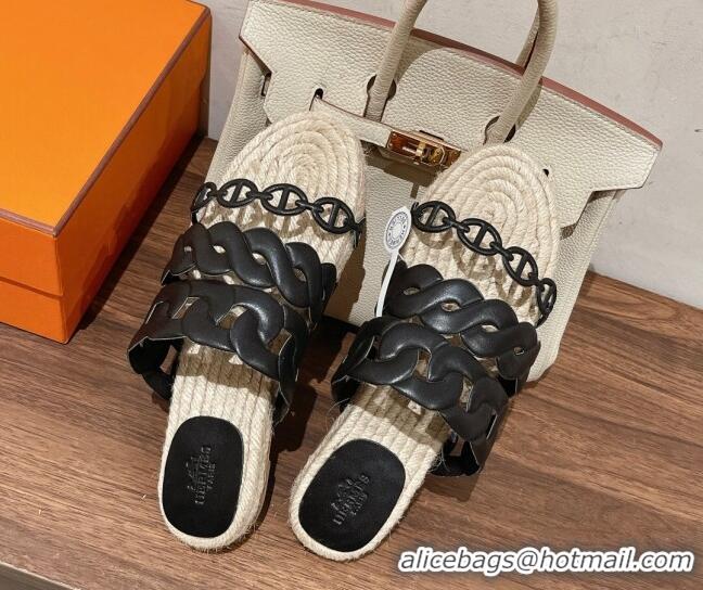 Most Popular Hermes Gwen Flat Slide Sandals in Leather Chain Black 0525133