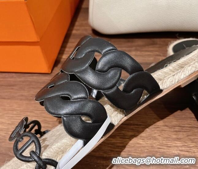 Most Popular Hermes Gwen Flat Slide Sandals in Leather Chain Black 0525133