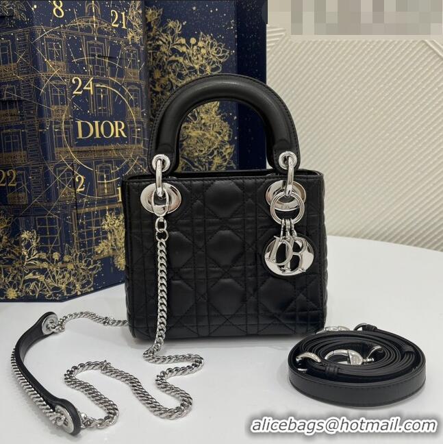 Luxurious Dior Mini Lady Dior Bag in Cannage Lambskin Leather CD1801 Black/Silver 2023