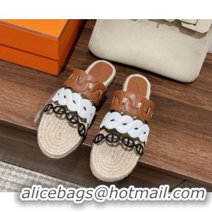 Fashion Hermes Gwen Flat Slide Sandals in Leather Chain White/Brown 0525134