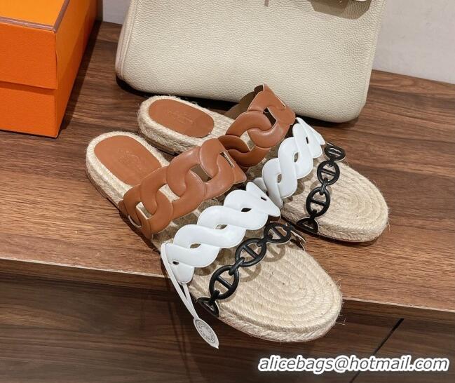 Fashion Hermes Gwen Flat Slide Sandals in Leather Chain White/Brown 0525134