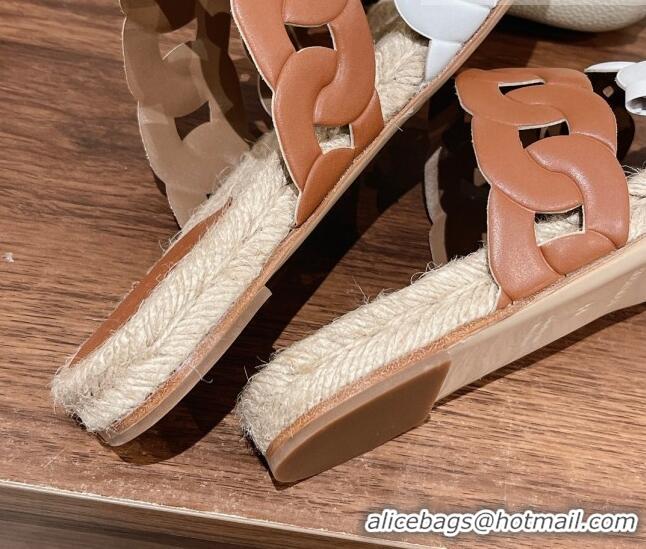 Fashion Hermes Gwen Flat Slide Sandals in Leather Chain White/Brown 0525134