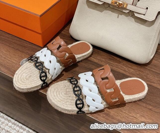 Fashion Hermes Gwen Flat Slide Sandals in Leather Chain White/Brown 0525134