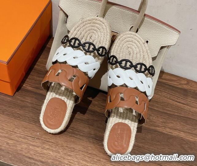 Fashion Hermes Gwen Flat Slide Sandals in Leather Chain White/Brown 0525134